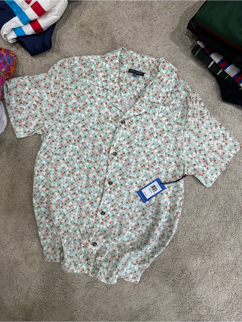 Vince Camuto Short-Sleeve Button Down Shirt - Mint, Coral, White Geo Print